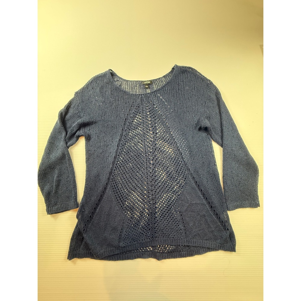 Apt 9 Womens Navy Blue Open Knit Crochet Panel 3/4 Sleeve Sweater Size L